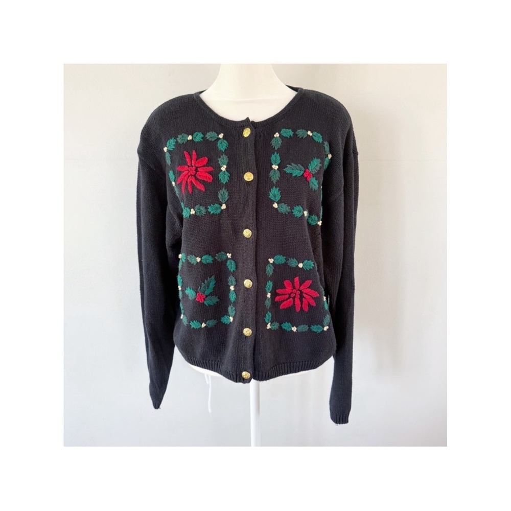 Vintage Cardigan Sweater Womens L Ugly Christmas Holiday Embroidered Grandma